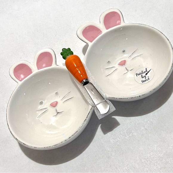 Lang Easter Bunny Ceramic Dip/Spread Bowls with Spreader Knife White/Pink #2 - Picture 1 of 11